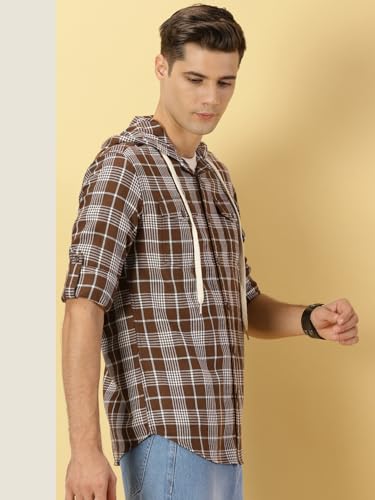 Image of Thomas Scott Men's | Checks | Full Sleeve | Regular Fit | 100% Cotton | Hooded | Casual Shirt