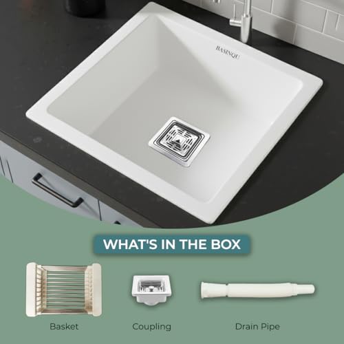 Image of BASINQU Quartz Sink for Kitchen | 18x16x9 Inches White Single Bowl Kitchen Sink | Granite UV Protected, Granite Scratch Resistant, Undermount /Topmount