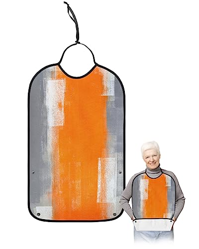 Orange Grey Adult Bibs for Eating, Waterproof Bibs with Food Catcher & Adjustable Snap Closure, Modern Oil Painting Ombre Abstract Aesthetics Clothing Protectors Adult Bibs for Elderly Women/Men