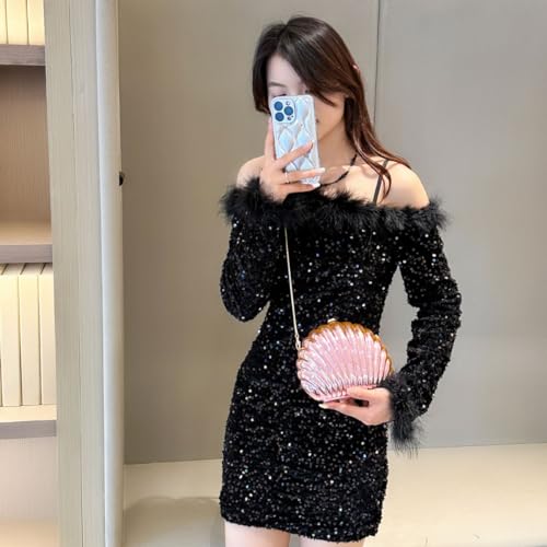 Image of Glitter Seashell Evening Clutch Purse Mini Chain Shoulder Bag Acrylic Shell Pearl Crossbody Bag