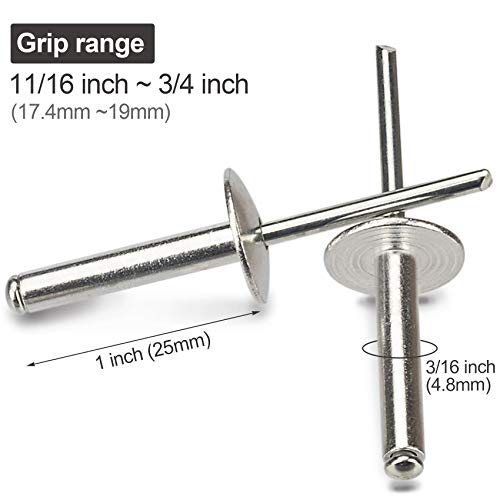 Pagow 3/16 X 1 Inch (4.8X25Mm) Flange Aluminum Blind Rivet, Large Self-Plugging Open End Decorating Fastener Nails Pop Rivets, Core Pulling Rivets Grip Pange 11/16-3/4 Inch (17.4-19Mm) (60 Pcs) #TOP1