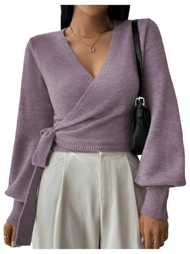 SOLY HUX Women's Long Sleeve V Neck Wrap Belted Sweater