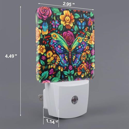 Image of Colorful Butterfly Floral Night Light Set of 2, Auto Sensor LED Dusk-to-Dawn Nightlights, Plug-in Sensor Lamp for Bedroom Bathroom Kitchen Hallway Stairs Decorative