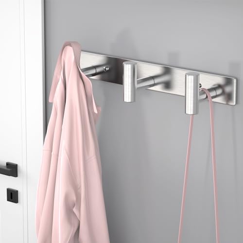 Image of VAEHOLD Silvery Hat and Coat Wall Mount Rack - 3 Hooks for Robes, Bags, Keys, and Towels - Bathroom Towel Hanger Organizer (2 Pack)