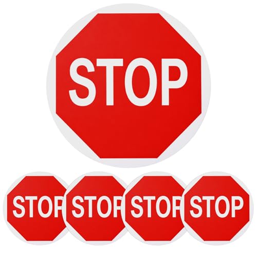 Nuanchu 5 Pcs Stop Floor Sign Stickers, 17" x 17" Anti Slip Adhesive Non-reflective Octagon Stop Safety Warning Tags Labels for Garage Street Traffic Parking (White Background)