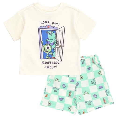 Disney Pixar Monsters Inc. Toddler Boys Waffle Knit T-Shirt and Shorts Outfit Set Tusk Pale Aqua 3T