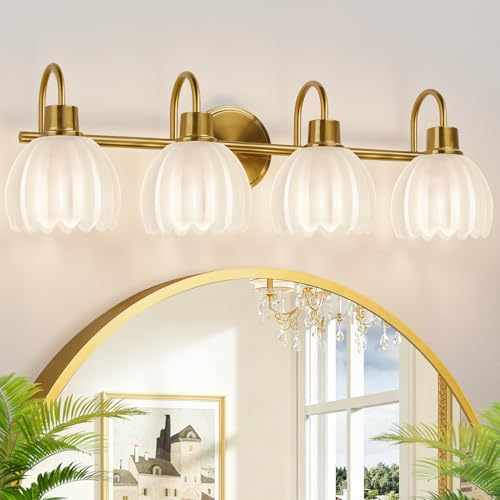 Image of 4-Light Bathroom Light Fixtures, 27 inch Brushed Gold Vanity Lights for Bathroom with Ribbed Frosted Clear Tulip Glass Shade, Vintage Bathroom Vanity Lighting Fixtures Over Mirror for Living Room Hallway