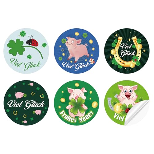 120pcs Aufkleber Glücksbringer Silvester, Viel Glück Kleeblatt Glücksbringer Geschenketiketten, Glücksschwein Silvester Aufkleber, Ø 4 cm, Papier