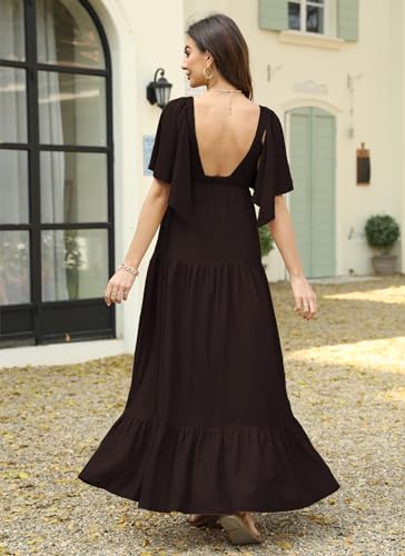 Image of Kikibell Women Summer Dresses Sexy V-Neck Maxi Dress Tiered Silhouette with Flutter Sleeve Backless Elastic Waist Flowy Dress