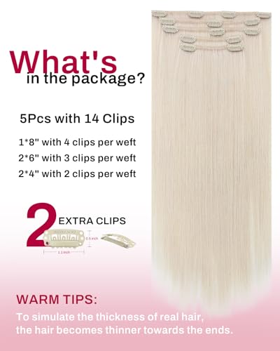 Image of Moresoo Blonde Clip in Extensions Human Hair White Blonde 18 inch 80g 5pcs | Human hair clip in extensions, white blonde shade, remy human hair, invisible double weft, lightweight for fine hair