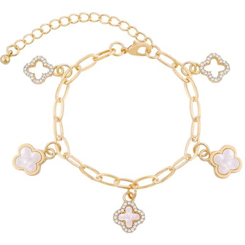 Gold Clover Charm Link Bracelet for Women Elegant Mother of Pearl Lucky Four Leaf Clover Bracelet Cute Hollow Rhinestone Clover Pendant Bracelet Adjustable Paperclip Chain Trendy Party Jewelry Gift