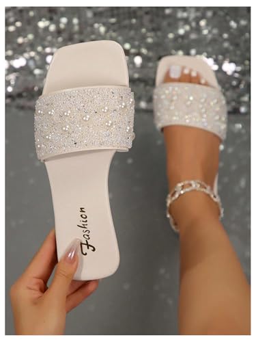GORGLITTER Women's Pearls Rhinestone Flats Sequin Bling Square Open Toe Sparkly Slip On Slide Sandals2