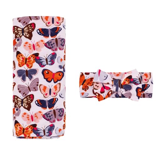 Image of Little Sleepies Swaddle & Headband Bow Set, Viscose from Bamboo Baby Swaddles, Newborn Baby Girl Clothes (Butterfly Kisses)