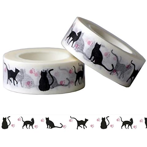aufodara 2 Rolls 10m x 15mm Washi Tapes Cute Motifs Masking Tape Decorative Paper Adhesive Tape Stickers Decoration DIY Gift Wrapping Scrapbooking Crafts (Cat) Cover