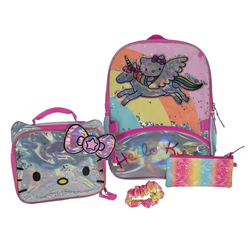 AI ACCESSORY INNOVATIONS Hello Kitty 4 Piece Backpack Set, Girls Unicorn School Bag with Front Zip Pocket & Mesh Side Pockets, Feature Star Shaker Sequins, Large