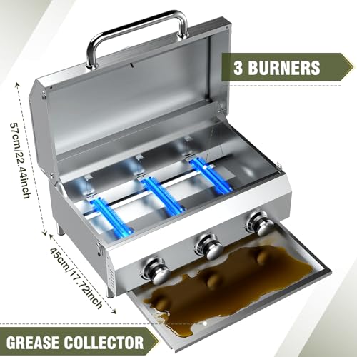 Image of Bestfire 3-Burner Tabletop Gas Grill, 30,000 BTU Portable Propane Grill with Heavy-Duty Thickened Grates & Stainless Steel Knobs, Compact Design&Detachable Legs for Camping, RV, Backyard BBQ