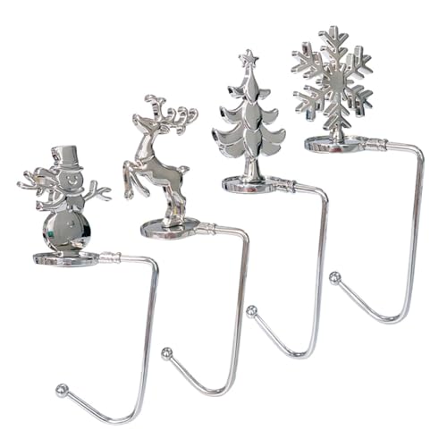 Image of Christmas Stocking Hangers Pack of 4, Stocking Hooks for Mantel, Christmas Tree, Reindeer, Snowflake & Snowman, Non-Slip Metal Hanger Clips.