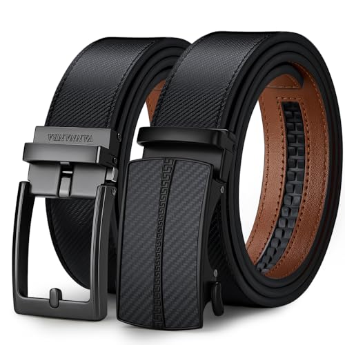VANNANBA 2 Pack Ratchet Leather Belt for Men - Sliding Belt in Gift Set Box for Mens Dress Casual 1 3/8