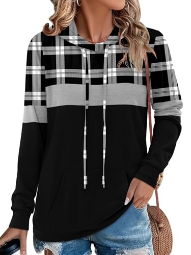 Angerella Womens Black Buffalo Plaid Hoodies Long Sleeve Hoody Sweater Christmas Pullover Sweatshirt Fall Shirts M