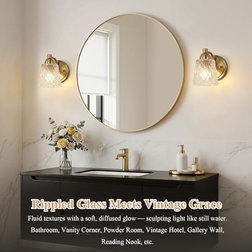 Image of Mecgirn Stainless Steel Bathroom Vanity Light Over Mirror, 1 Light Brushed Gold Bathroom Light Fixtures with Textured Glass Shades, Modern Vanity Lighting Wall Mount