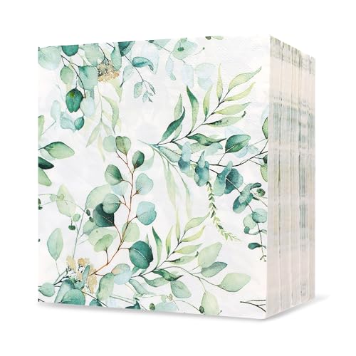 100 Pièces Serviette Papier Eucalyptus, Serviette de Table Papier Vert 33 x 33 cm Serviette Papier Vert Sauge pour Décoration de Table Vintage Mariage...