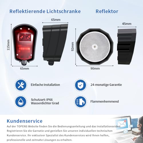 TOPENS TRF3 Reflexionslichtschranke Infrarot Sensorsystem Einfahrtssensor Lichtschranke mit Reflektor für Torantriebe Zugangskontrolle Sicherheitsalarmsysteme