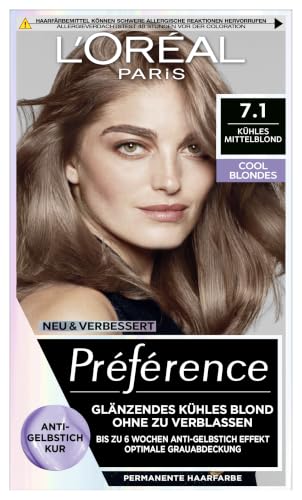 Foto von L'Oréal Paris Permanente Haarfarbe mit kühlem Farbergebnis, Haarfärbeset mit Coloration und Anti Gelbstich Pflegebalsam, Préférence Cool Blondes, Nr. 7.1 Kühles Mittelblond (Hamburg), 1 Stück