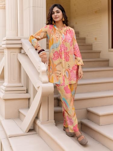 Image of NAINVISH Women's Floral Rayon Blend Co-ord Set | Straight Mandarin Collar Full Sleeve Top & Pant | Elegant Maroon, Blue Styles | Ideal for Casual, Lunch, Evening Outings | Ladies Matching Outfit