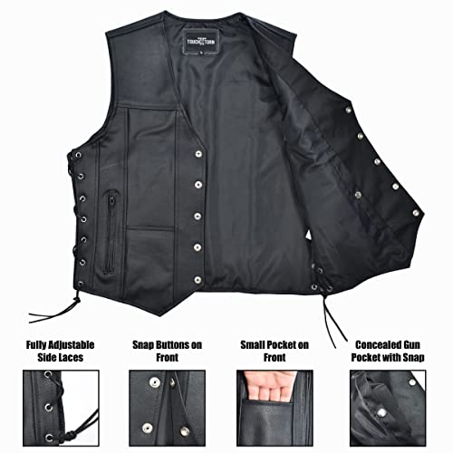 Touch&Torn Motorcycle Leather Vest For Men With Concealed Gun Pocket Adjustable Side Laces Biker Riding Leather Vest (As1, Alpha, X_L, Regular, Regular, Black) #TOP3