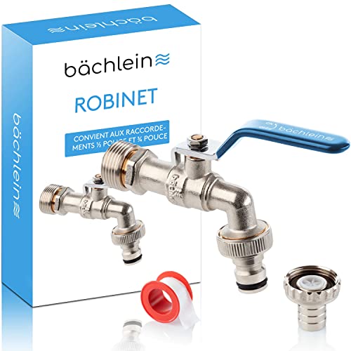 Bächlein Robinet Universel pour le Jardin Bleu - 2 Raccordements de Tuyau, Boisseau Sphérique Raffiné 1/2 et 3/4 Pouces, Sortie pour l'Extérieur