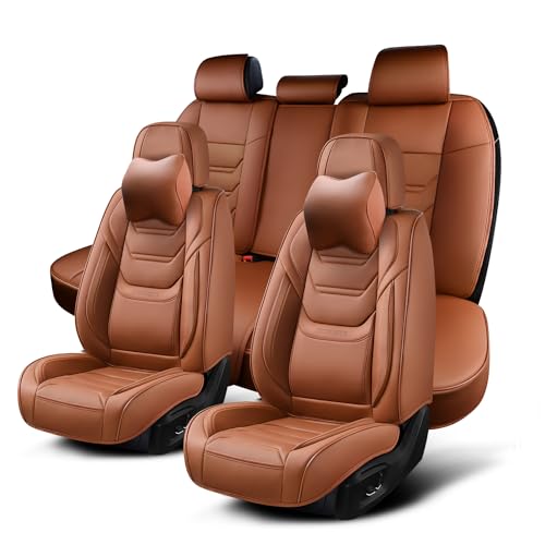 Image of TIEHESYT Car Seat Covers Full Set, Breathable Leather Automotive Front and Rear Seat Covers & Headrest for Reduce The Driving Fatigue, Compatible with Most Vehicles, Cars (Brown, Front Pair and Rear)