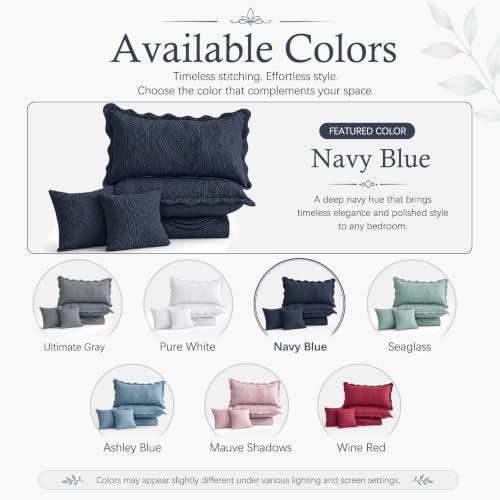 Image of HZ & HY Oversized King Bedspread, Embossed Damask Quilt Set King /Cal King, Lightweight Reversible Coverlet, Scalloped Edge - Deep Classic Look, 5 Piece, Navy Blue