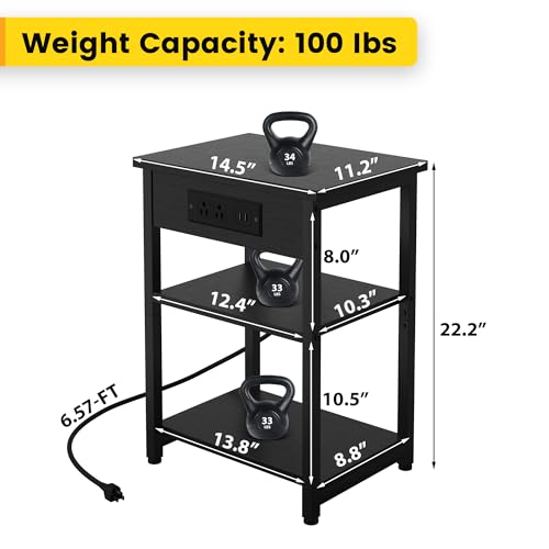 Calertain END TABLE S Set Of 2 With Charging Station Usb Ports, 3 Tier Tall Night Stand With Storage Shelves, Record Player Stand Narrow Side Table For Small Space Living Room Bedroom Office, Easy Assembly,Black thumb #2