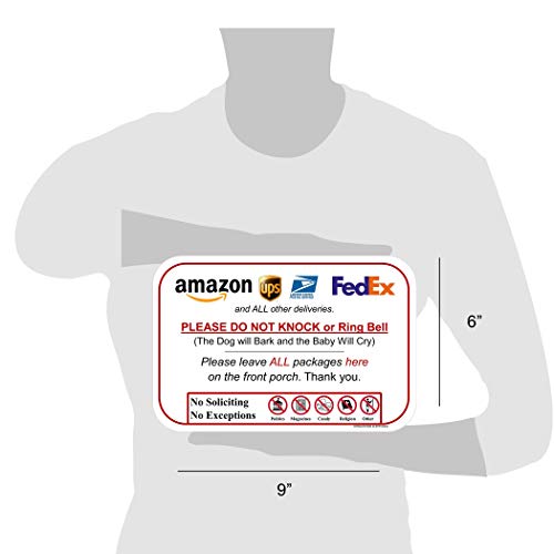 Leave Packages Sign - Do Not Knock Or Ring Doorbell , Dog Will Bark & Baby Will Cry , 6" X 9" No Rust Pvc , Will Not Scratch , Easy To Mount With Included Adhesive , Made In Usa By Spryzzle #TOP7
