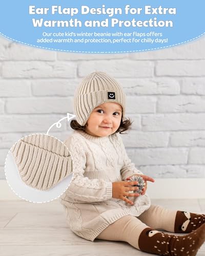 3 Pack Baby Beanie Hats with Earflaps, 2 Size Baby Winter Hat for Infant Toddler Kids, Fleece Lined Knit Hat for Girls Boys4