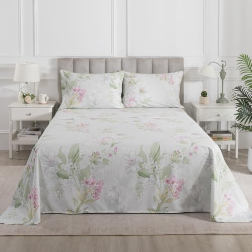 Image of Sage Green Vintage Floral Percale Sheets Full Size Deep Pocket | 100% Cotton Flower Leaf Farmhouse Sheet Set, Neutral Print Shabby Chic Bed Sheets, Luxury Designer Bedding, Soft Crisp, 4Pcs