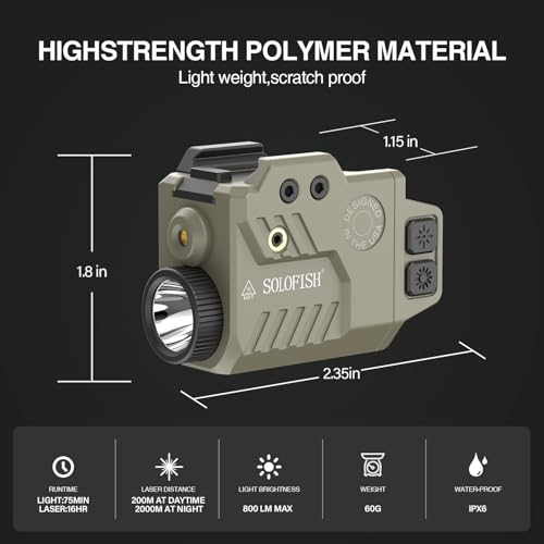 Image of Solofish 800 Lumens Pistol Light Laser Combo | Gun Light with Green Laser Sight, Slidable Pistol Flashlight Compatible with Glock /Picatinny Rail, Desert Tan