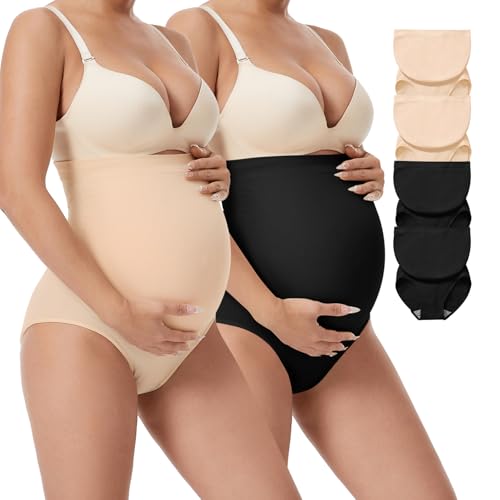 Catálogo para Comprar On-line Fajas de embarazo para Mujer los mejores 10. 50 MIYIHA 4pzs Pantalones Cortos Altas de Maternidad para Mujer, Calzones Sin Costuras para Mujer, Leggings Maternidad, Fajas Postparto Cesarea (Negro + Beige, L)