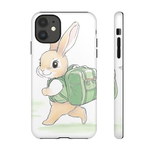 Coque iPhone 11 lapin mignon avec sac à dos vert en plastique rigide mat