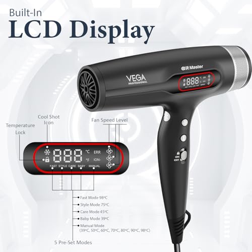 Image of VEGA PROFESSIONAL Airmaster 2400W BLDC Hair Dryer for Women & Men, Professional Blow Dryer with 70000 RPM Motor, 10X Longer Lifespan, 5 Preset & 7 Manual Modes, Fast Drying, 16 Amp Plug (VPPHD-14)