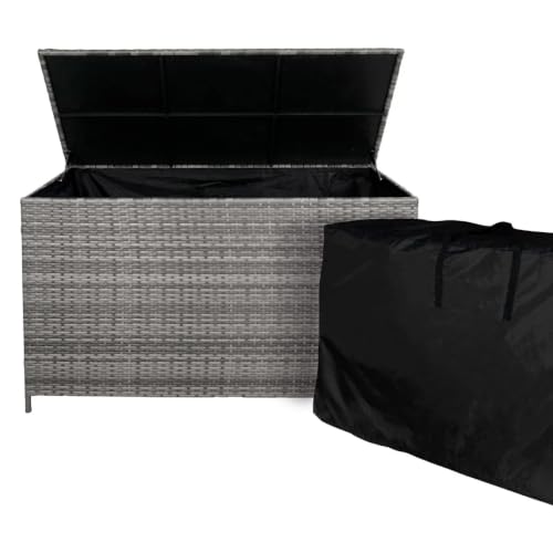 Rattan Garden Storage Grey Box & Waterproof Carry Bag Large Cushion Blanket Tools Toys Furniture Chest 582L Outdoor Patio Deck Steel Frame UV & Weather Resistant Gas Assisted Lift Lid Portable Wheels