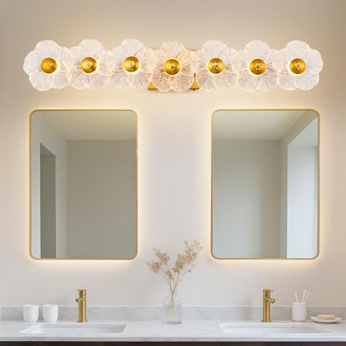 Image of MantoLite 33.46'' Bathroom Light Fixtures Modern Vanity Light Over Mirror Adjustable 3000K-6000K Picture Lights Art Light with Floral Clear Glass Shades for Living Room Bedroom (7 Light Gold)