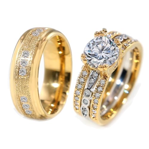 Couple Rings Matching Rings Yellow Gold Plated 1.5CT AAA CZ 2pcs Women Wedding Ring Sets for Him and Her Rings Men Band