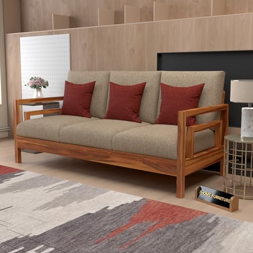 Image of Solid Sheesham Wood 3 Seater Sofa | Elegant Wooden Sofa for Living Room | Premium 3 Seater Sofa Set for Office & Home Furniture (Jake Honey, 3 Seater)