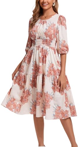 Image of Kormei Women Summer Casual Boho Floral Round Neck 3 /4 Sleeve Smocked Waist Tiered Flowy Swing Midi Dress M Pink Floral