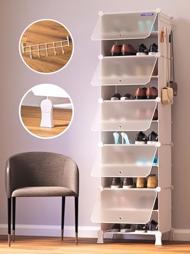 Image of BOXJOY 10 Shelf Shoe Rack with 5 Doors, 5 Hook Steel Holder & Wooden Hammer for Home Storage PP Plastic Organizer with Metal Door Frame to Cover Chappal Slipper Sandals Shoes Box Stand (White)