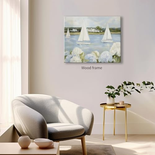 Light Blue Sailboat Hydrangea Wall Art 12X16 Inch Wrapped Framed Summer Nautical Coastal landscape Poster Preppy Aesthetic Canvas Painting for Beach House Wall Decor by YYS - Image 3