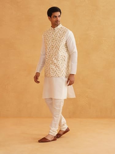 Image of SOJANYA (Since 1958 Men's Cotton Linen Maroon Kurta and White Pyjama with Mustard Cotton Nehru Jacket