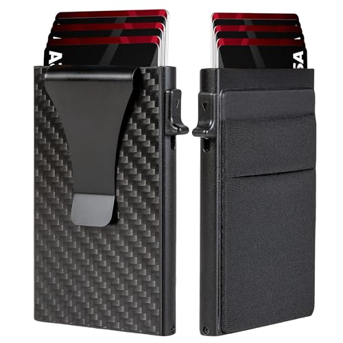 Slim Aluminum Wallet for Men, RFID Blocking Minimalist Matel Pop Up Card Holder Wallet, Holds 8+ Cards,Durable Removable Money Clip & Money Pocket(Carbon Fiber)
