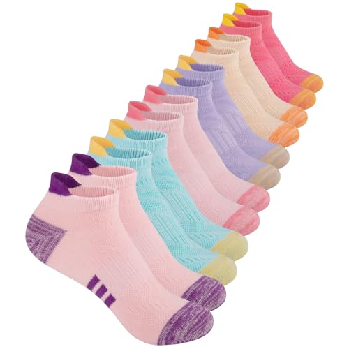 Comfoex 12 Pairs Girls Athletic Ankle Socks for 4-6 6-8 8-10 Years Old - Cotton Short Socks for Little Big Kids